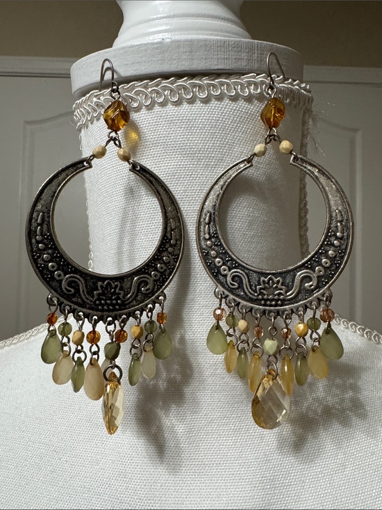 Jewelry - Boho Crescent Drop Earrings with Green and Amber Beads - Unbranded